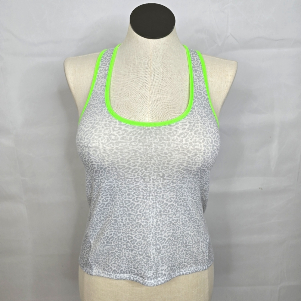 3/$25 dELiA*s White Gray Animal Print Tank Top W/Contrasting Neon Green Trim S